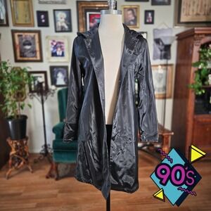 Vintage 90s Coolwear Black Polyurethane Hooded Raincoat Trench Jacket Womens